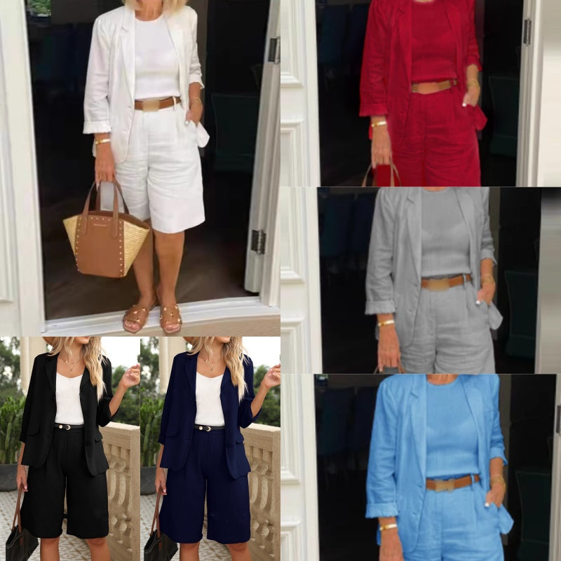 đElegant linne shorts och blazer set för kvinnor