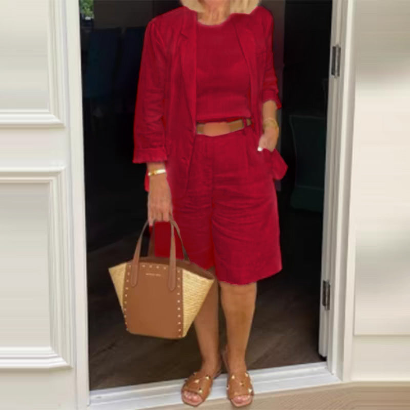 đElegant linne shorts och blazer set för kvinnor