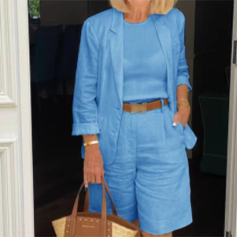 đElegant linne shorts och blazer set för kvinnor