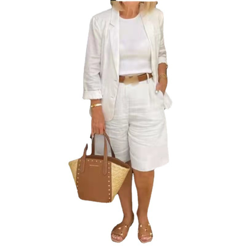 đElegant linne shorts och blazer set för kvinnor