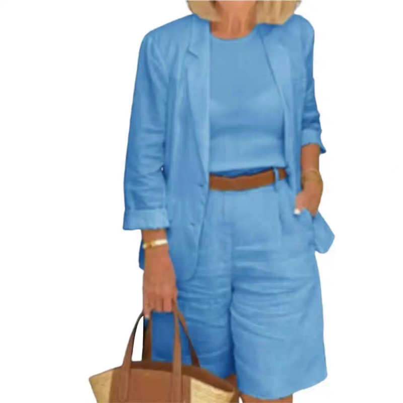 đElegant linne shorts och blazer set för kvinnor