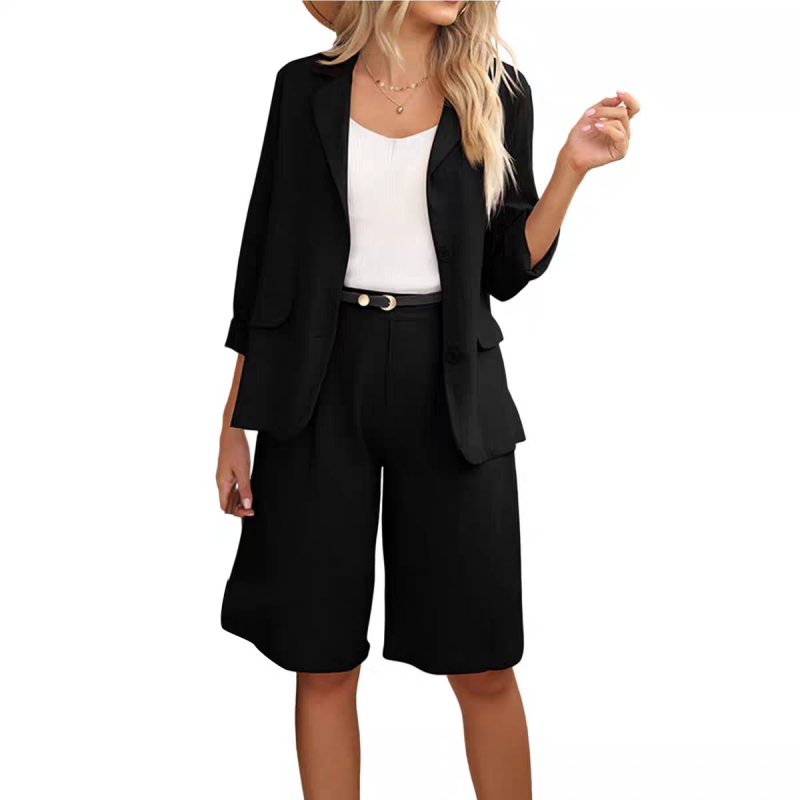 đElegant linne shorts och blazer set för kvinnor