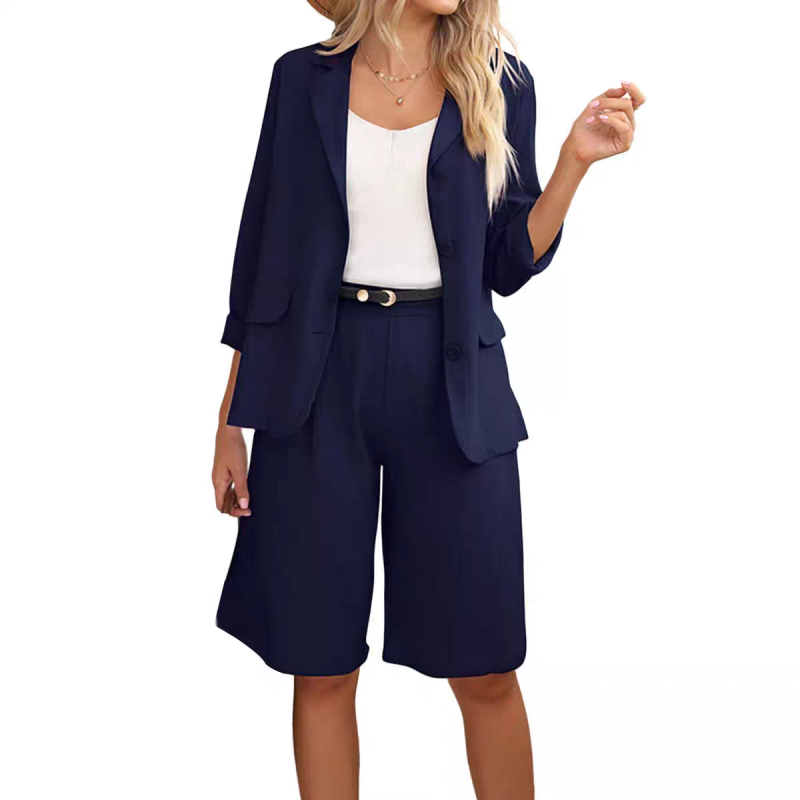 đElegant linne shorts och blazer set för kvinnor