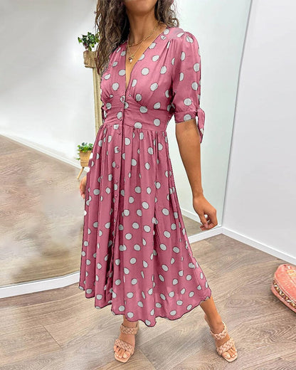 🔥🌷50% rabatt under en begränsad tid - 💃Klänning med djup V-ringning och prickar