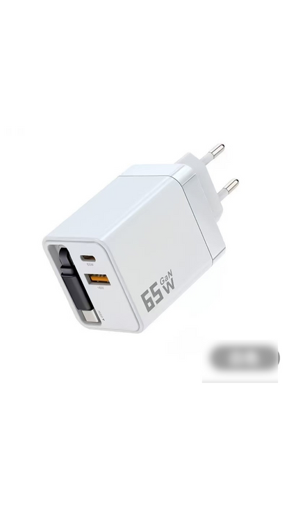 ⚡🔌 Cargador de Pared 65W con Cable USB-C Retráctil 80cm – Carga Ultra Rápida sin Cables Enredados 🚀📱