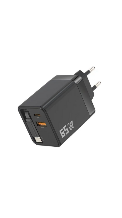 ⚡🔌 Cargador de Pared 65W con Cable USB-C Retráctil 80cm – Carga Ultra Rápida sin Cables Enredados 🚀📱
