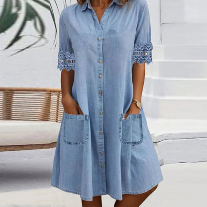 ⏰🔥 ¡50% DE DESCUENTO POR TIEMPO LIMITADO! 👗 Mini Vestido Vaquero Azul – Ribete de Encaje y Cuello, Casual y Elegante 💙✨