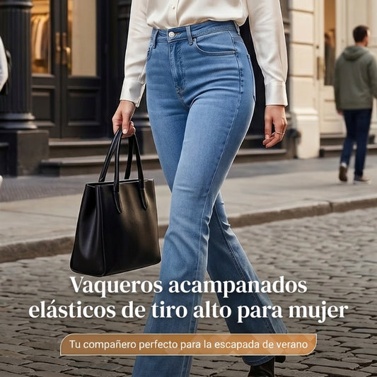 Vaqueros de cintura alta y acampanado elástico para mujer