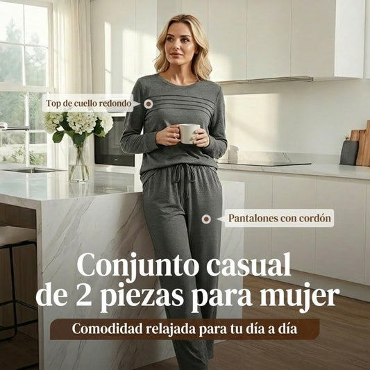 Conjunto de Top Cuello Redondo y Pantalón con Cordón para Mujer