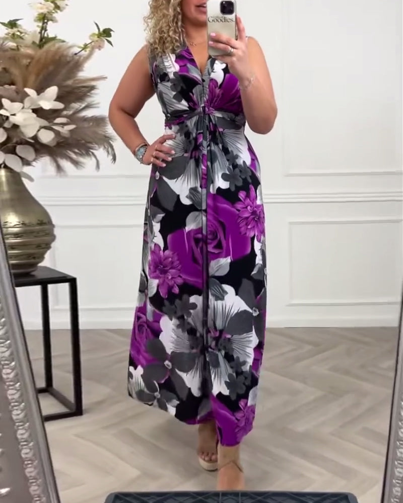 Blommönster ärmlös plisserad elegant klänning