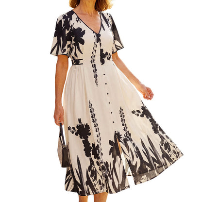 🌺👗 Vestido Midi con Escote V y Estampado Botánico – Moderno y Femenino 💖