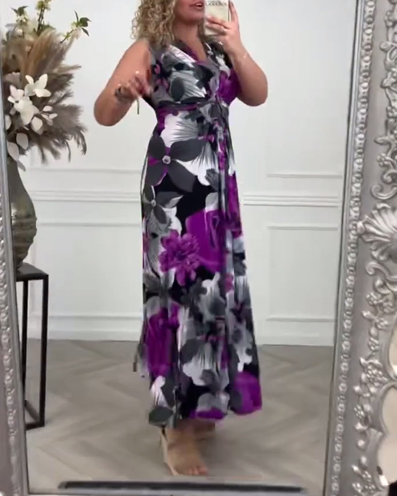 Blommönster ärmlös plisserad elegant klänning