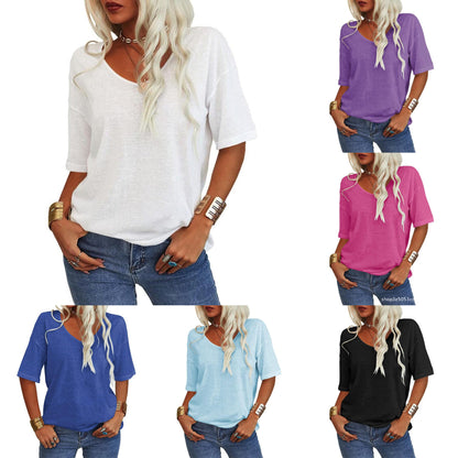 Camiseta de Cuello en V de Color Liso para Mujer