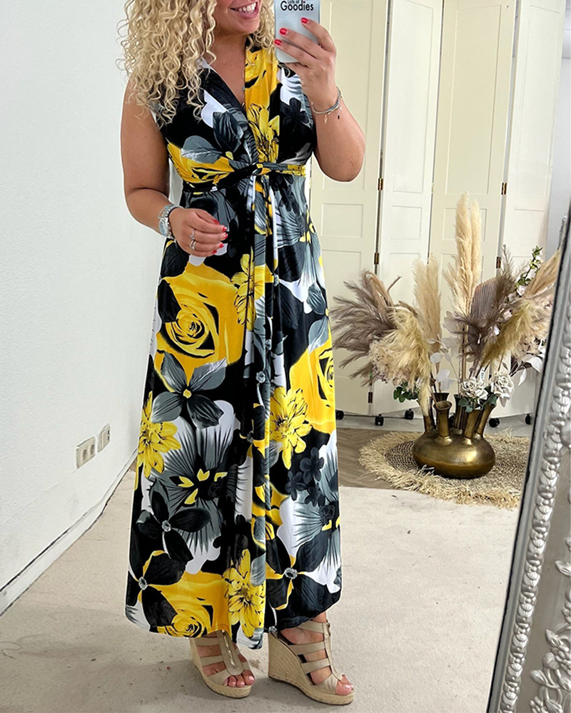 Blommönster ärmlös plisserad elegant klänning