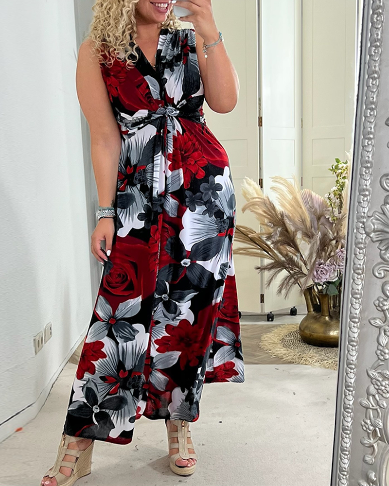 Blommönster ärmlös plisserad elegant klänning