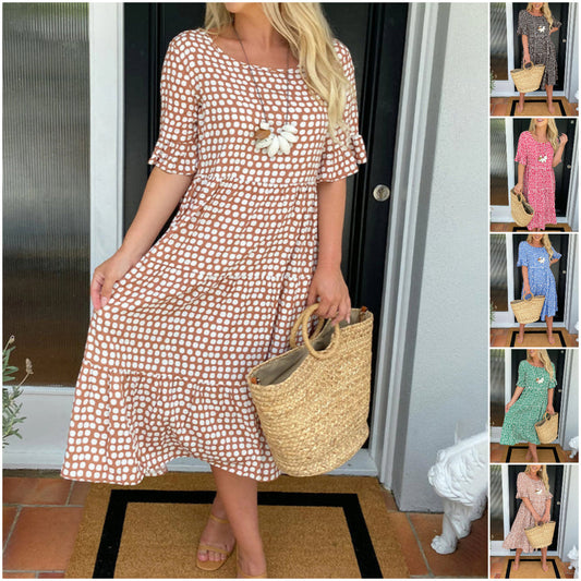 Vestido Midi con Cuello Redondo y Estampado de Lunares