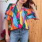 Blusa floral con escote en V y mangas abullonadas para mujer