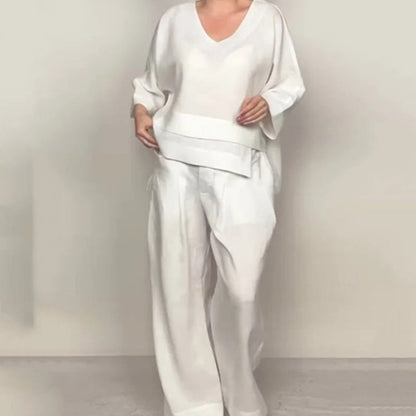 💎 Set de dos piezas de algodón y lino con dobladillo irregular – camiseta de escote en V + pantalones de pierna ancha, transpirable y con estilo 🍂👚 natural