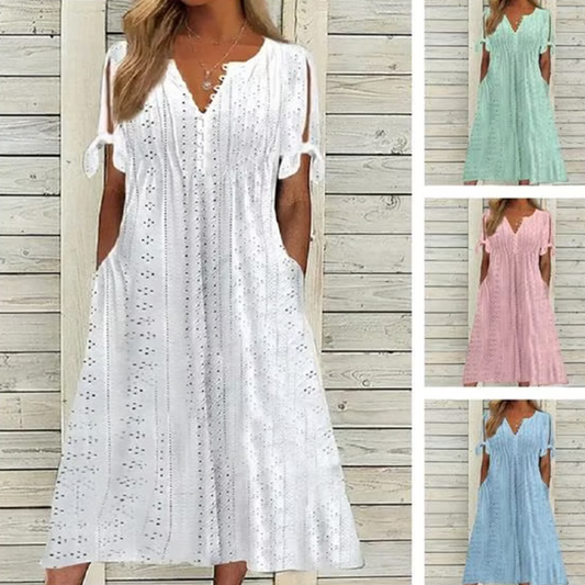 💃Vestido elegante sólido cuello pico calado de mujer