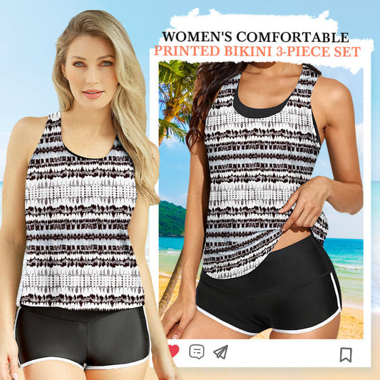 Conjunto de bikini de tres piezas con estampado, cómodo y para mujer