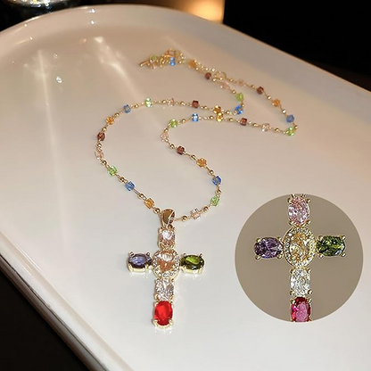 💍 ¡OFERTA RELÁMPAGO 50% DE DESCUENTO! ✨ Collar de Cruz de Pedrería Multicolor – Colgante Simbólico, Cadena Ajustable 51cm, Aleación Ligera y Brillante ✨