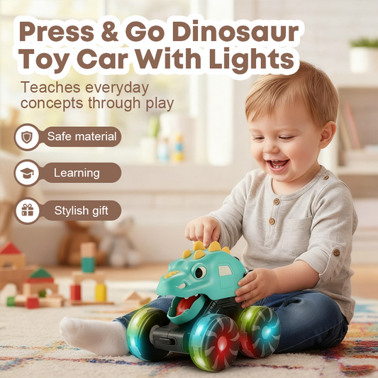 🦖🚗 Coche Dinosaurio Press & Go con Luces – Sin Pilas Complicadas, Presiona y Sale Disparado con Brillos y Rugidos Divertidos ✨🎮