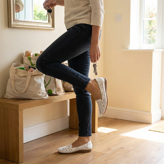 Mocasines Bajos de Mujer con Perforaciones y Motivo Floral