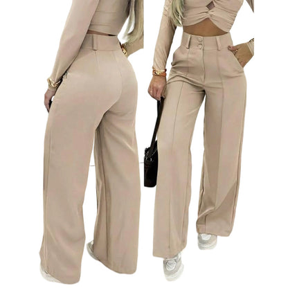 👖✨ Pantalón Tiro Alto Pierna Ancha – Color Sólido, Caída Fluida y Efecto Piernas Infinitas 🦵💫