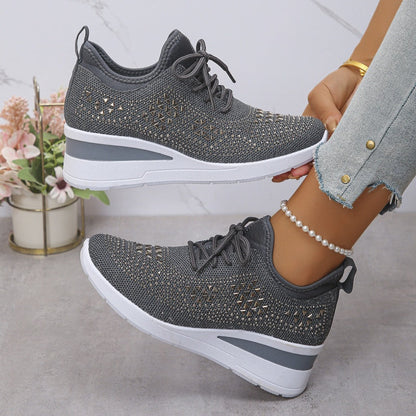 Zapatillas deportivas de malla transpirable con adornos de diamantes de imitació