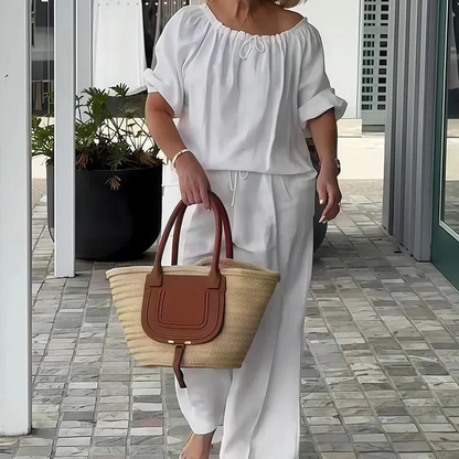 👚 ¡50% DE DESCUENTO AHORA MISMO! 💃Conjunto de 2 piezas para mujer (top con cordón + pantalón) – Corte holgado, cómodo y perfecto para estar en casa o para el día a día 🌸