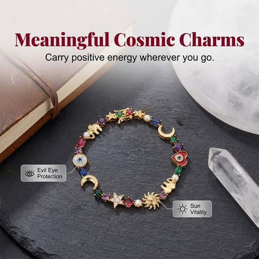 🌙 ⭐ ¡Oferta Limitada 50% DESCUENTO! Pulsera Encanto Celeste – Dijes Estrella y Luna con Cristales Multicolor ✨
