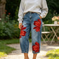Jeans de Pierna Ancha con Flores Artísticas para Mujer