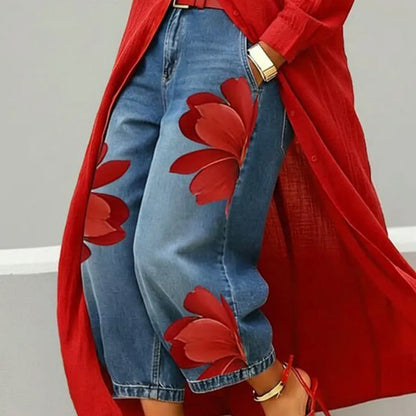 Jeans de Pierna Ancha con Flores Artísticas para Mujer
