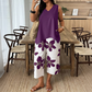 🌸 ¡TIEMPO LIMITADO 50% DE DESCUENTO! ✨ Set de camiseta asimétrica y pantalones capri con estampado floral para mujer – versátil, vibrante, cómodo 🌺