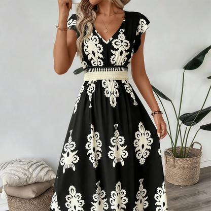👗¡Nueva llegada con un 60% de descuento!🏖️Vestido largo fluido con estampado barroco y escote en V para mujer