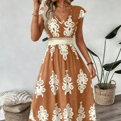 👗¡Nueva llegada con un 60% de descuento!🏖️Vestido largo fluido con estampado barroco y escote en V para mujer