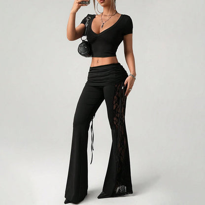🔥¡Mientras que los suministros duran un 50% de descuento! 🎉 Pantalones de encaje fruncido para mujer con panel de encaje acampanado