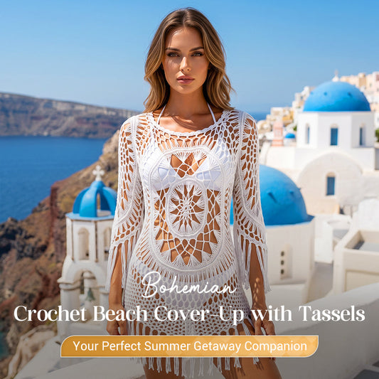 🌊🩱 Pareo de playa bohemio de ganchillo con borlas – transpirable, amplio y con estilo boho chic – ideal para la piscina, la arena o las vacaciones de verano – ajustable