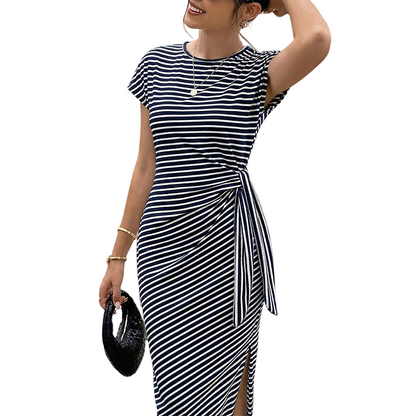 Vestido midi de mujer a rayas con lazo lateral