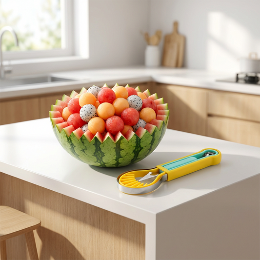 ✨ Da un paso más en la preparación de fruta: ¡el juego multifunción 3 en 1 con cuchara para bolas de melón y cuchillo para tallar! ✨