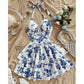 👗🌸 ¡50% DE DESCUENTO POR TIEMPO LIMITADO! ✨ Vestido mini estampado para mujer con cuello halter con cordón – delantero con lazada, espalda fruncida y falda con volantes en capas 💃