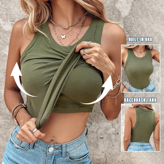 💖¡Último día precio especial $29.99!💖 Camiseta sin mangas elástica acanalada con sujetador integrado